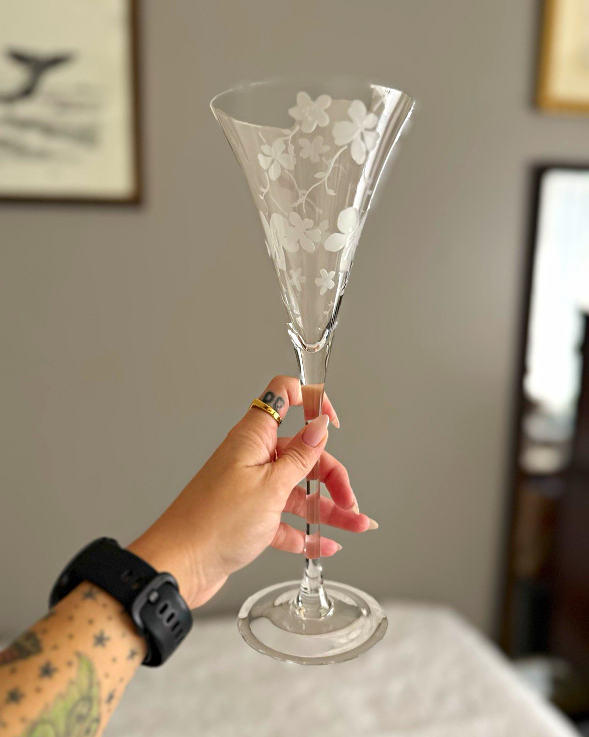 Marquis by Waterford Clear Etched Floral Champagne Flutes Decorated Set of 2 Marquis by Waterford Clear Etched Floral Champagne Flutes Decorated Set of 2