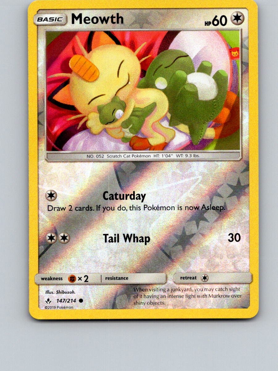 Meowth 147/214 Common Unbroken Bonds Pokemon Reverse Holo Near Mint