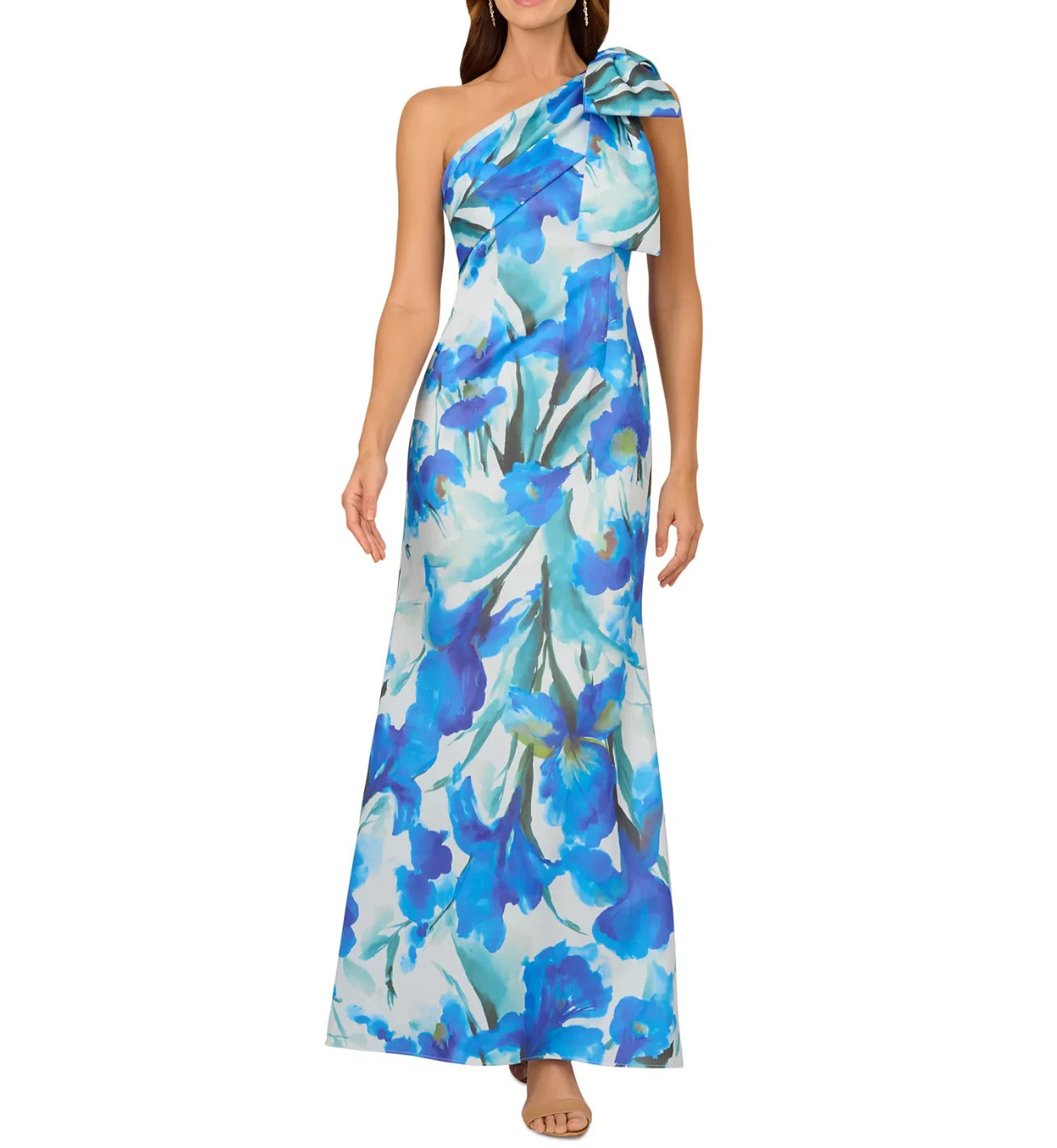 Adrianna Papell Women's Floral-Print Bow One-Shoulder Gown MSRP $229