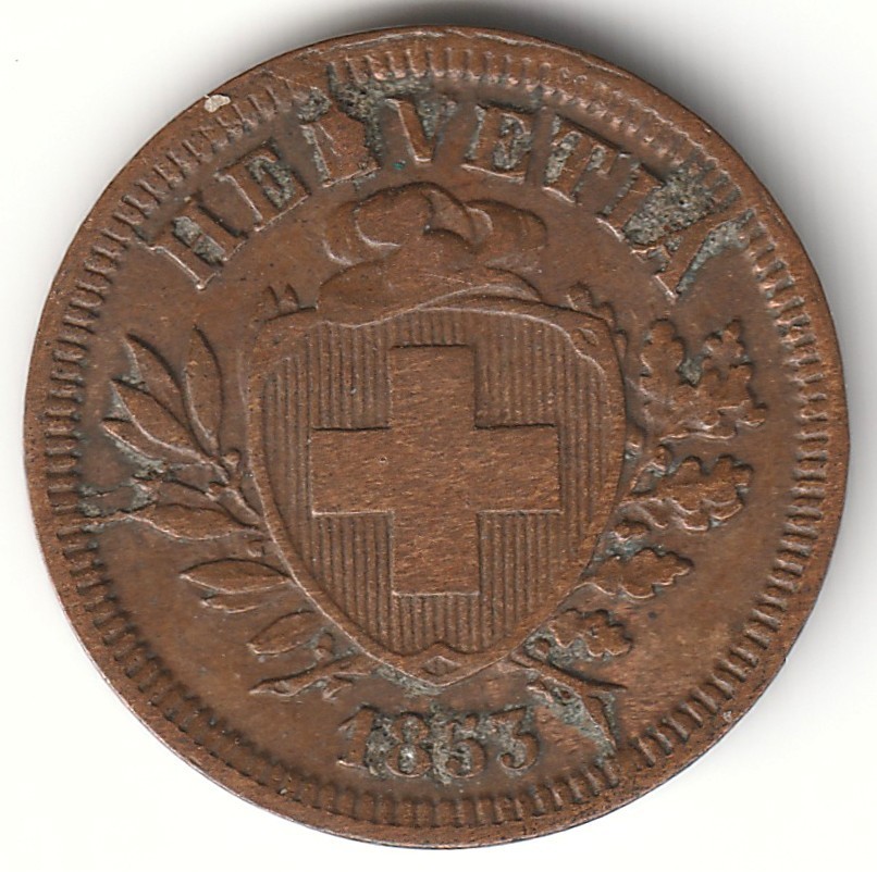 1853 Switzerland Rappen Bronze Scarce Date Nice Free US Shipping