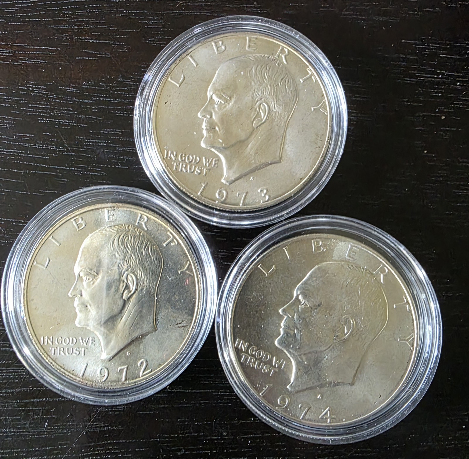 1972 1973 1974 Eisenhower 40% Silver Dollars Lot of 3 Coins 1972 1973 1974 Eisenhower 40% Silver Dollars Lot of 3 Coins