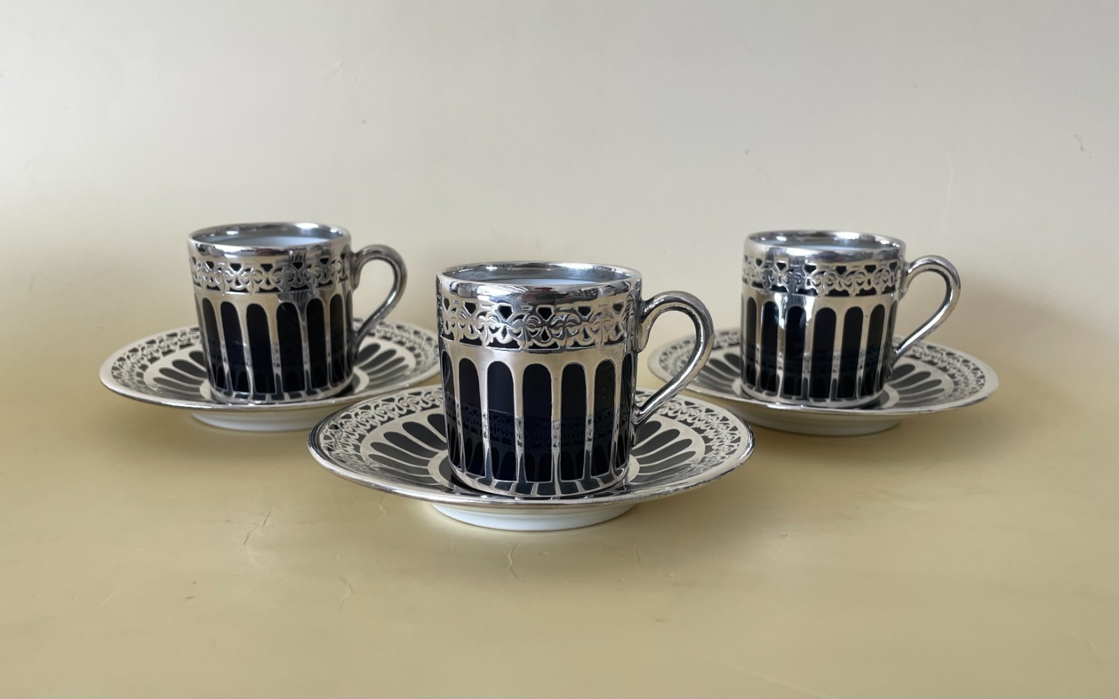 3 Rosenthal Cobalt Porcelain Demitasse AD Cups Saucers with Sterling Overlay 506