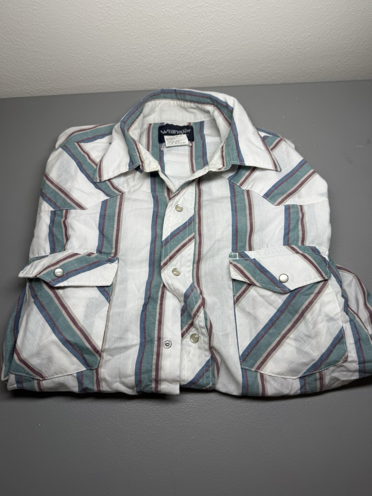 vtg Wrangler Shirt Pearl Snap Long Sleeve White Striped Men\'s Western Size Large
