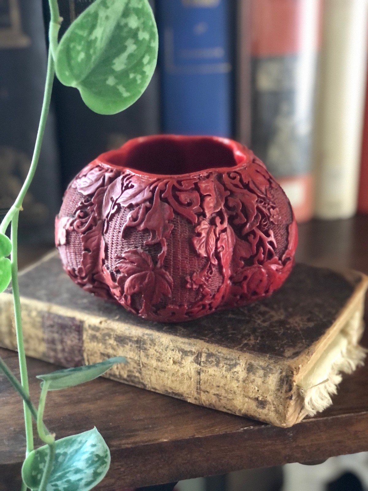 Elegant Vintage Carved Chinese Cinnabar Lacquerware Jar with Floral/Leaf Pattern