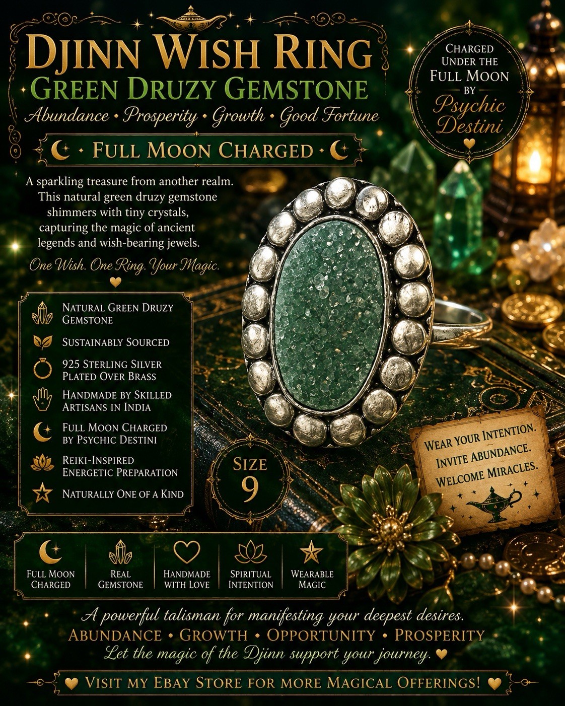 DJINN WISH RING • GREEN DRUZY GEMSTONE • ABUNDANCE & PROSPERITY  Size 9