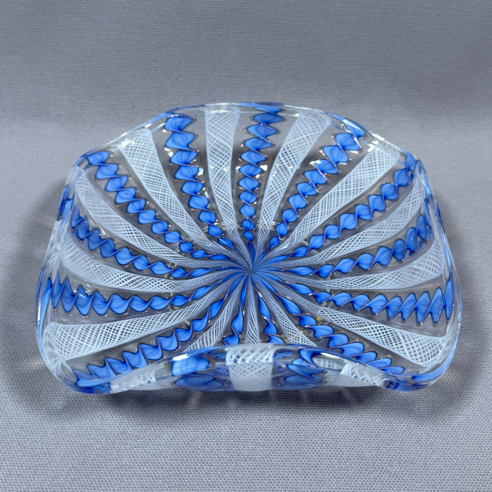 Vintage Mid-Century Murano Blue & White Latticino Art Glass Bowl