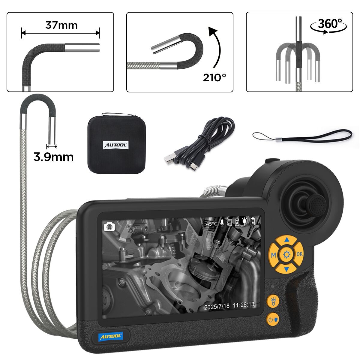 AUTOOL 4-Way 360° Joystick Borescope Endoscope Inspection Camera 3.9mm 6 Light
