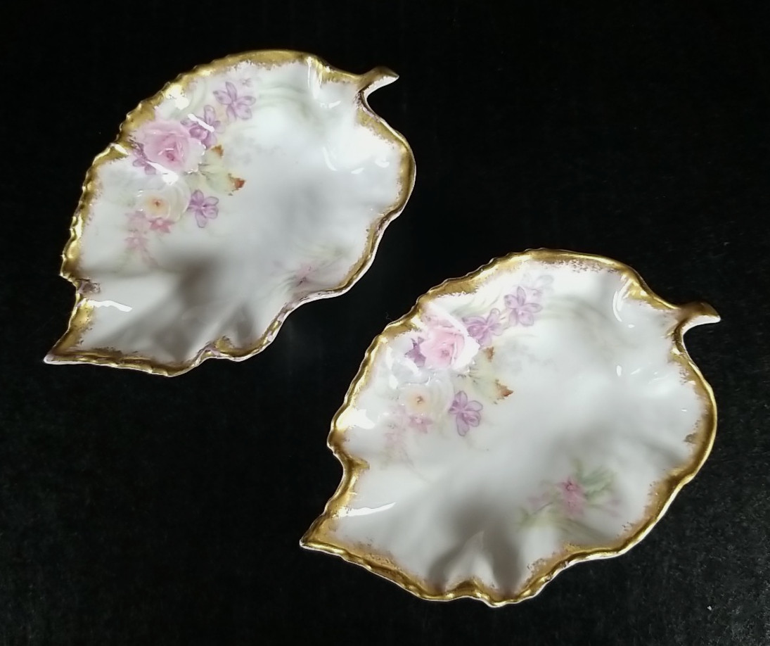 2 ​Antique Limoges France Elite Works Painted Floral Ring Tray Earrings