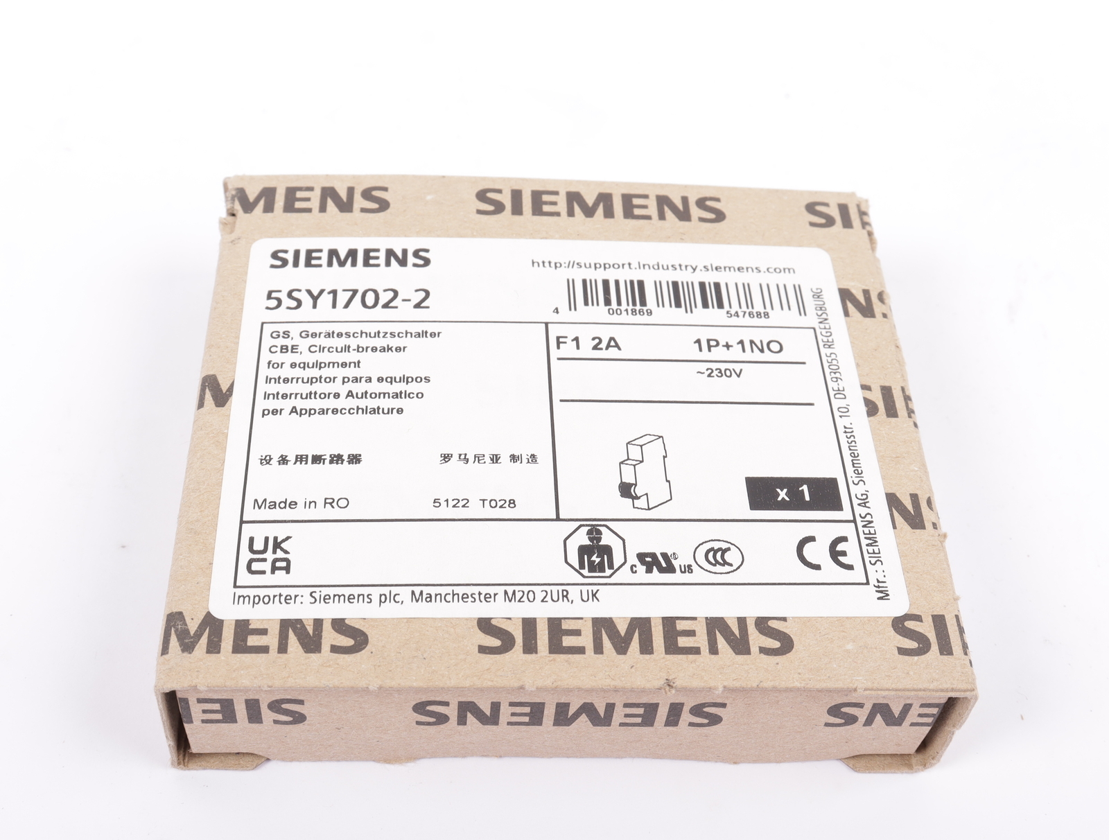 Siemens device circuit breaker 5SY1702-2 1 pole with auxiliary switch #90064