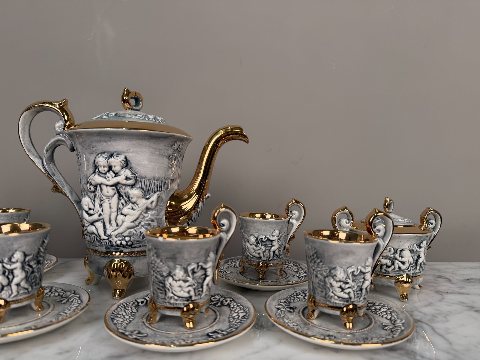 Vintage Italian Capodimonte Porcelain Coffee Set, Cherub Relief, Gold Gilt (15 P Vintage Italian Capodimonte Porcelain Coffee Set, Cherub Relief, Gold Gilt (15 P
