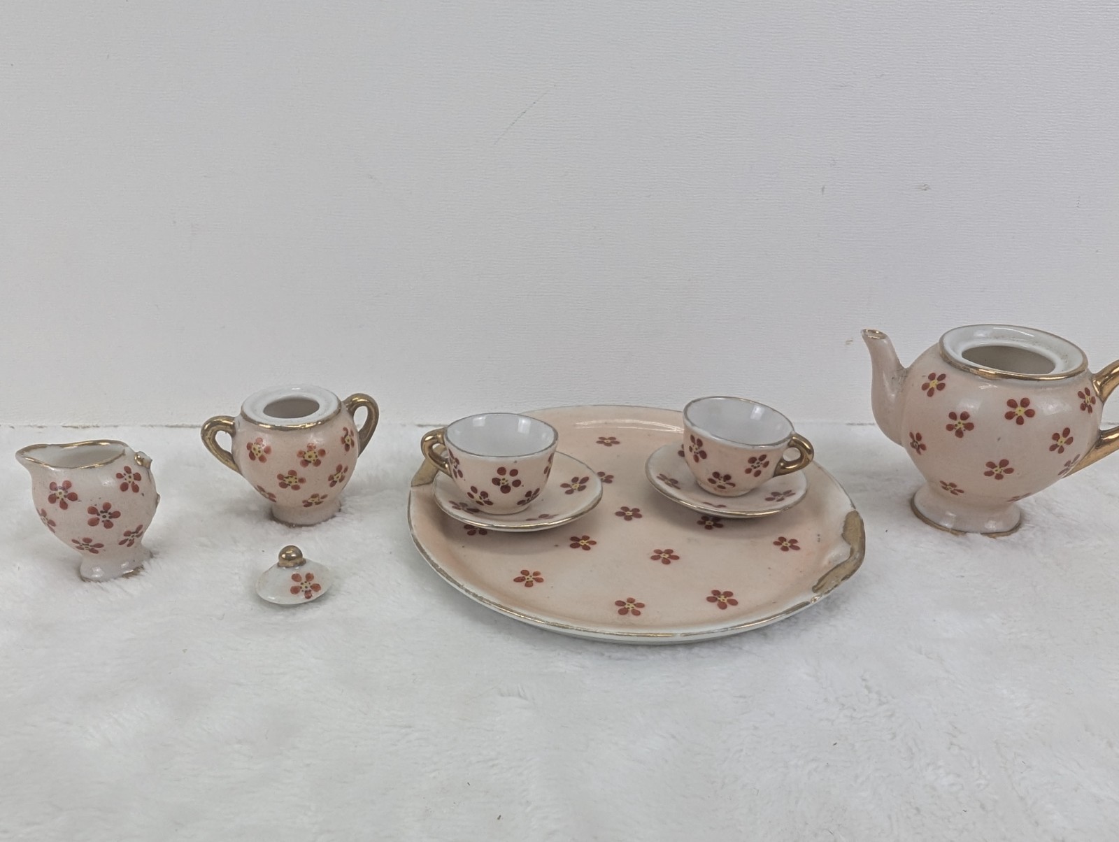 Vintage Occupied Japan Miniature Porcelain Tea Set Tray Teapot Cups Gold Trim
