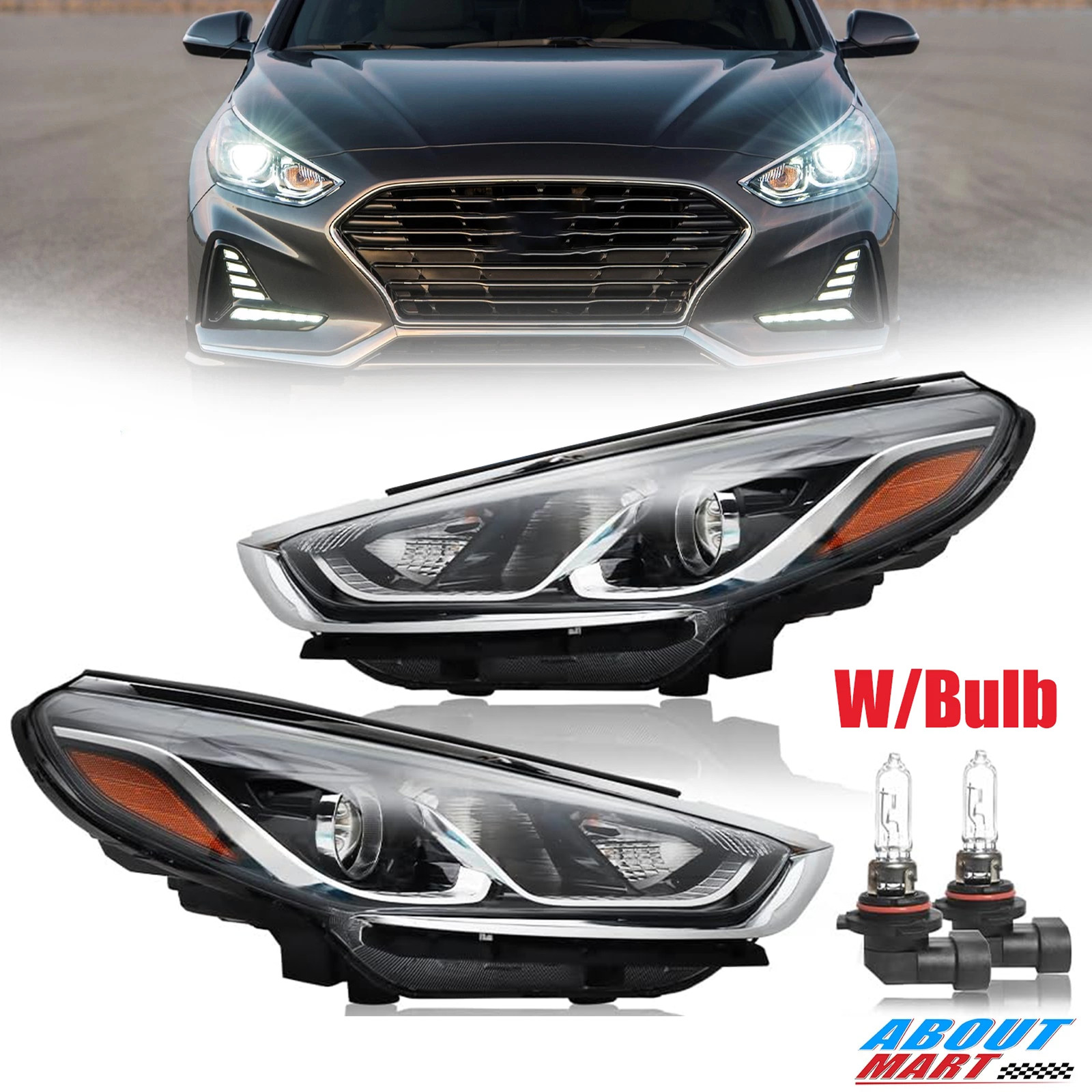 Pair For 2018 2019 Hyundai Sonata Halogen Headlights w/Bulbs Factory Headlamps
