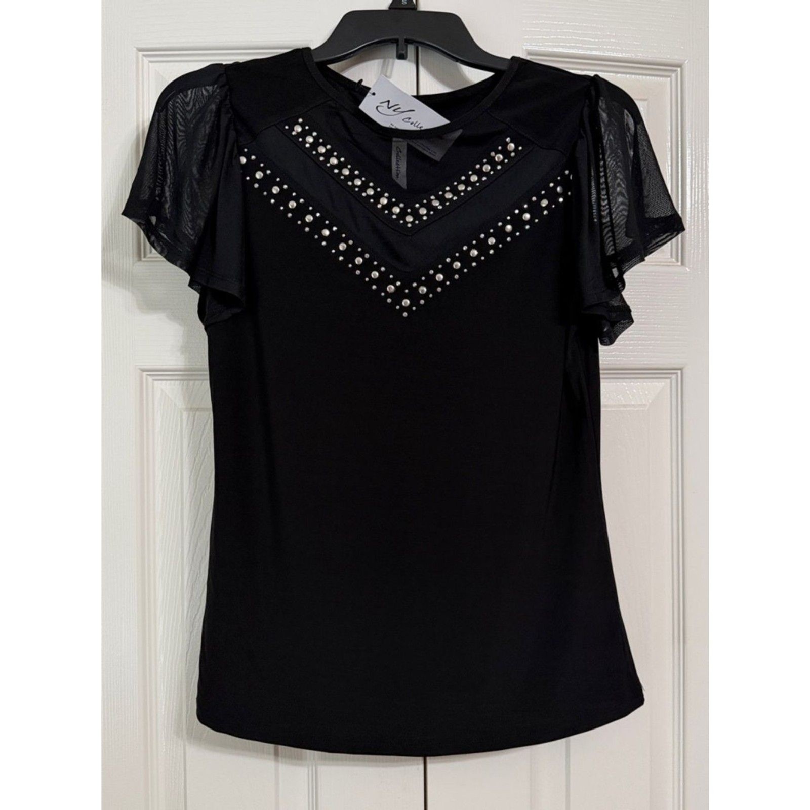 NWT NY Collection Black Mesh Flutter Sleeve Top Size Small NWT NY Collection Black Mesh Flutter Sleeve Top Size Small