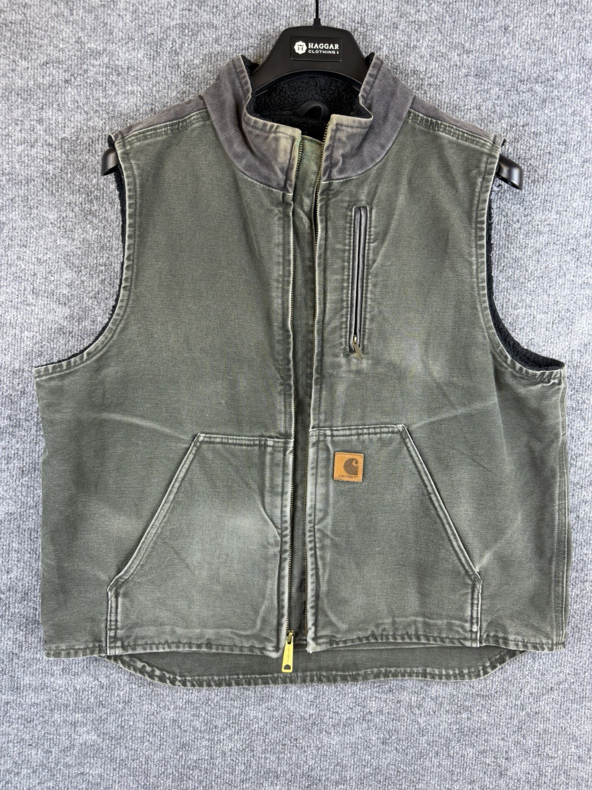 VINTAGE Carhartt V33 355  Men’s Green Navy Sherpa Lined Full Zip Work Vest Large