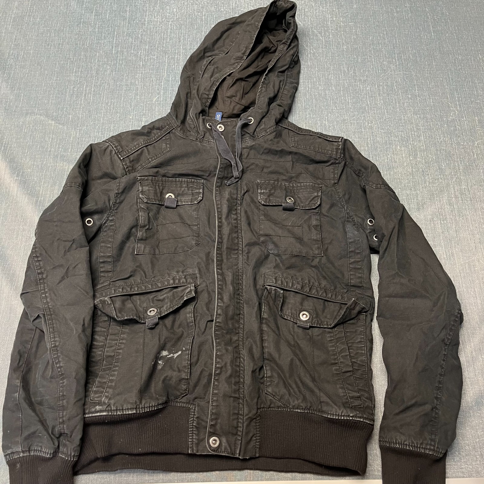 DIVIDED H&M Men\'s Jacket Size L Black Hooded Cargo Field Utility Military Cotton