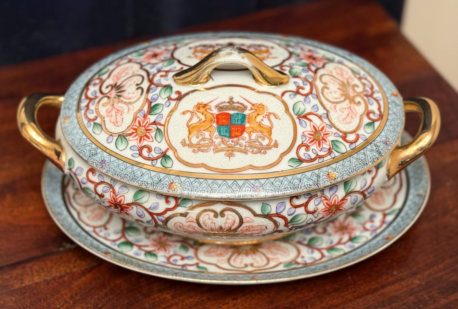 Vintage Chinese Bowl with Lid and Plate, hand painted, gold accents
