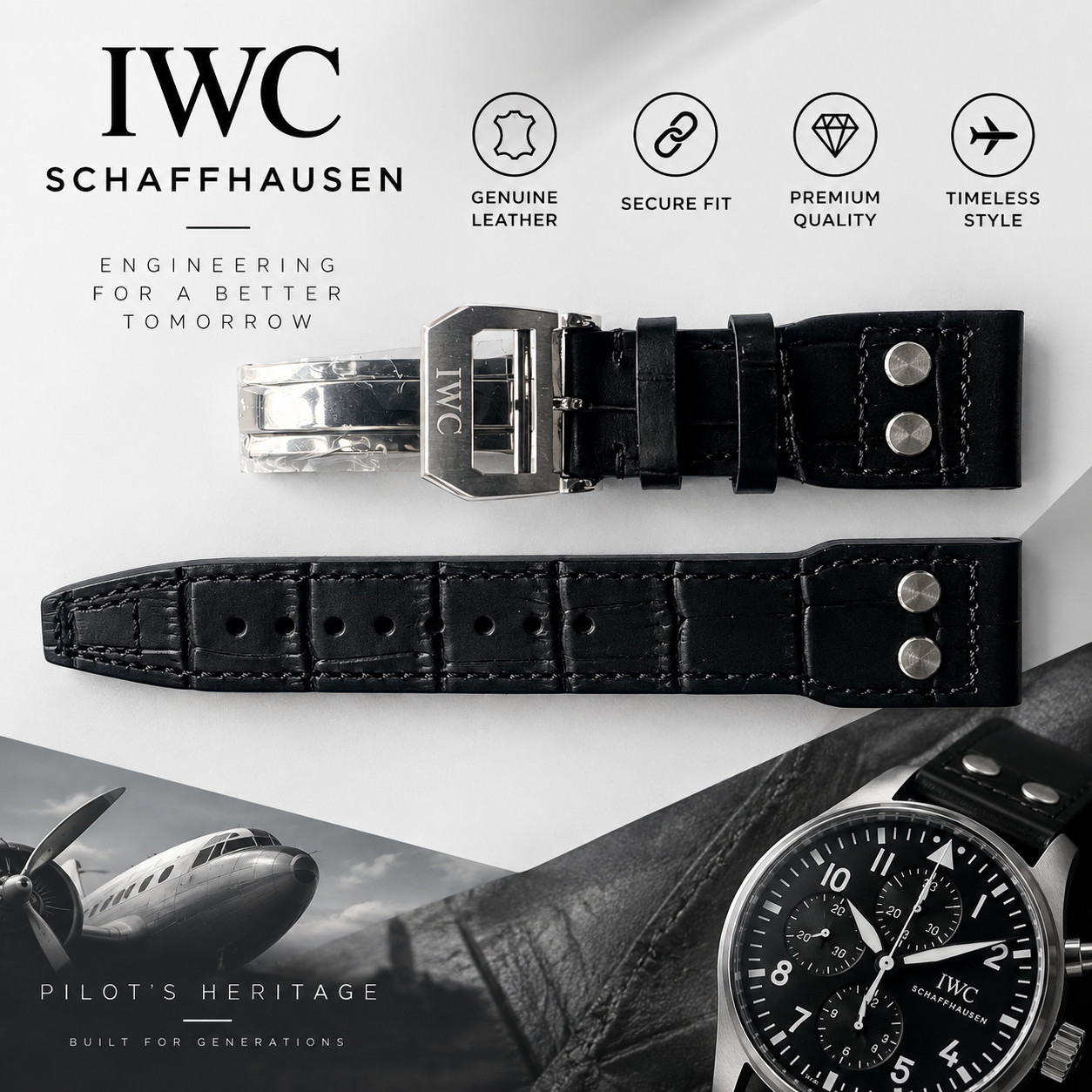 IWC Pilot 21mm Black Alligator Leather Watch Strap Band with Deployant Clasp IWC Pilot 21mm Black Alligator Leather Watch Strap Band with Deployant Clasp