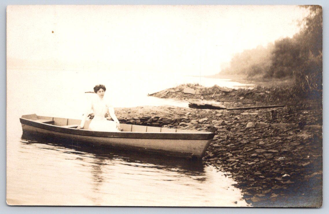 Antique Woman in Rowboat on River Lake Scene 1910 RPPC