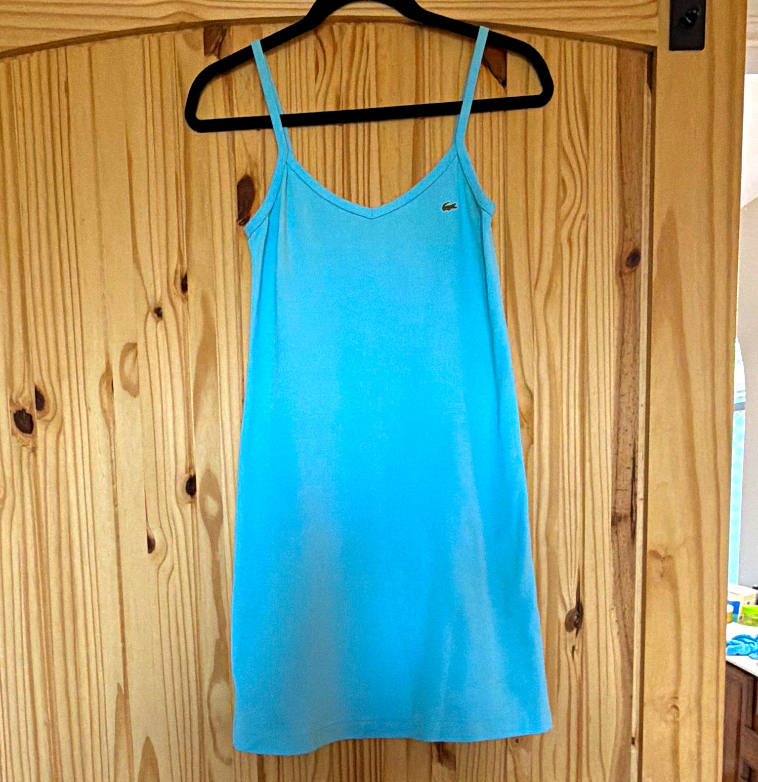 Lacoste Women’s Blue Solid Knit Cotton Shift Short V-Neck Dress Size 4 Lacoste Women’s Blue Solid Knit Cotton Shift Short V-Neck Dress Size 4