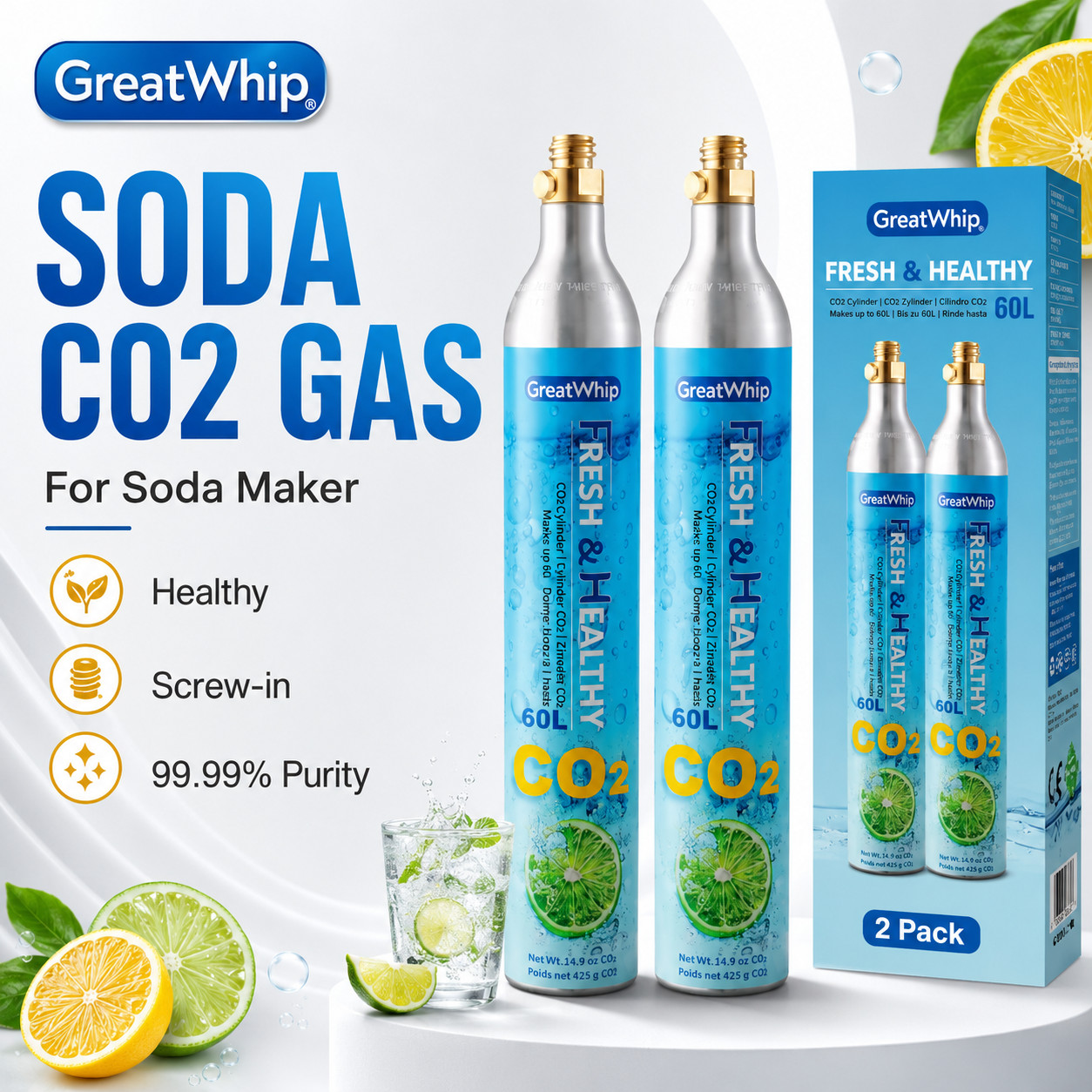 GreatWhip 60L CO2 Carbonating Cylinder 2 - 6 PACKS for Soda Maker Carbonator