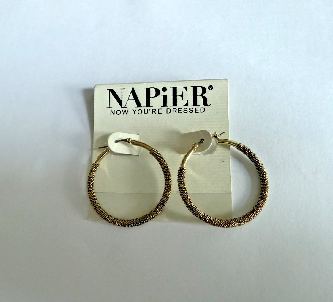 Napier Gold Tone Wrapped Hoop Earrings New on Original Card Pierced 1.5 in Napier Gold Tone Wrapped Hoop Earrings New on Original Card Pierced 1.5 in