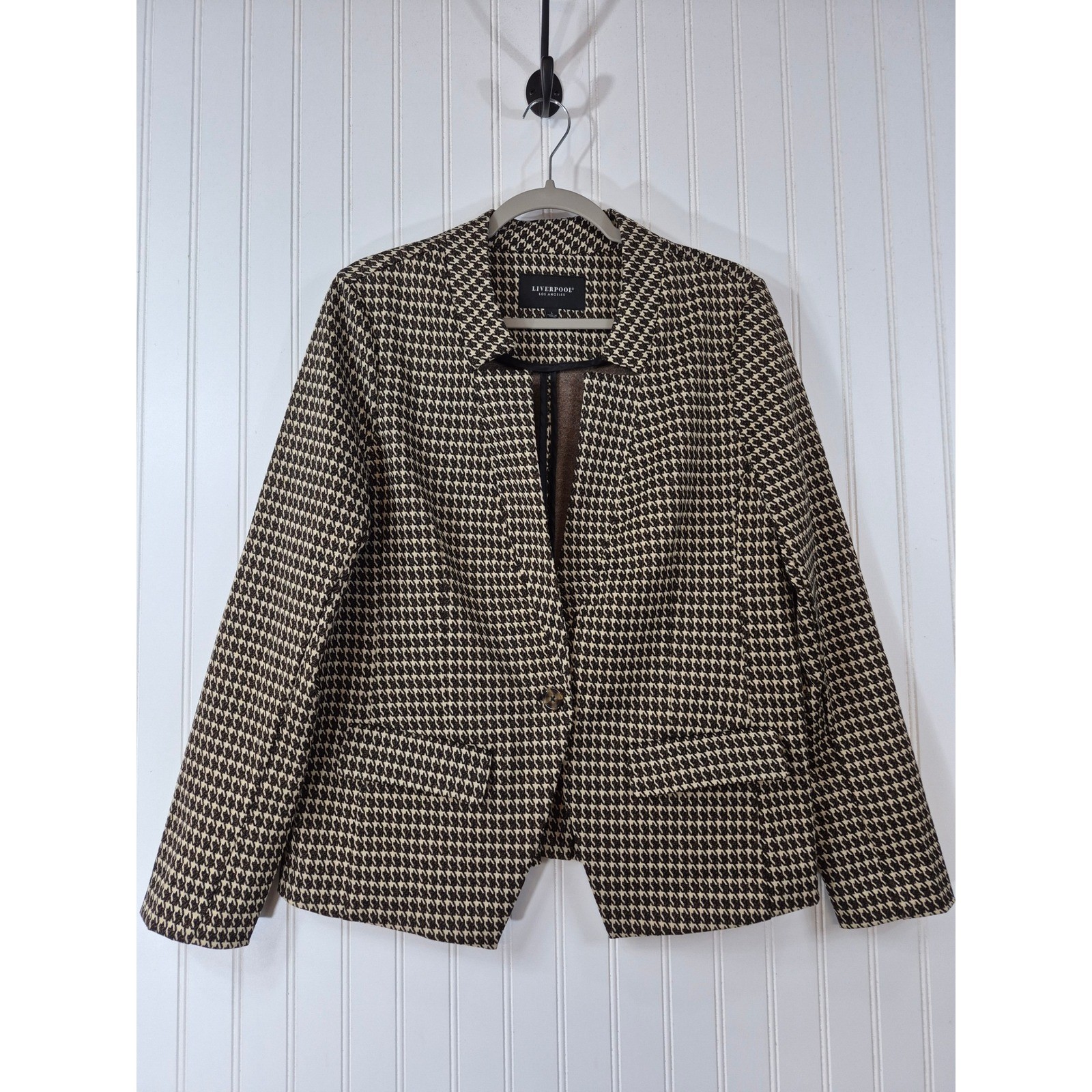 NWOT Liverpool LA Houndstooth Blazer Tan Brown Single Button Jacket Large NWOT Liverpool LA Houndstooth Blazer Tan Brown Single Button Jacket Large