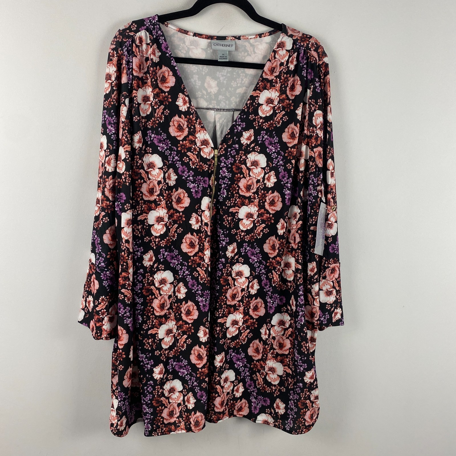 Catherines Dream Drape Zip V-Neck Top Size 3X Tunic Black Floral Stretch