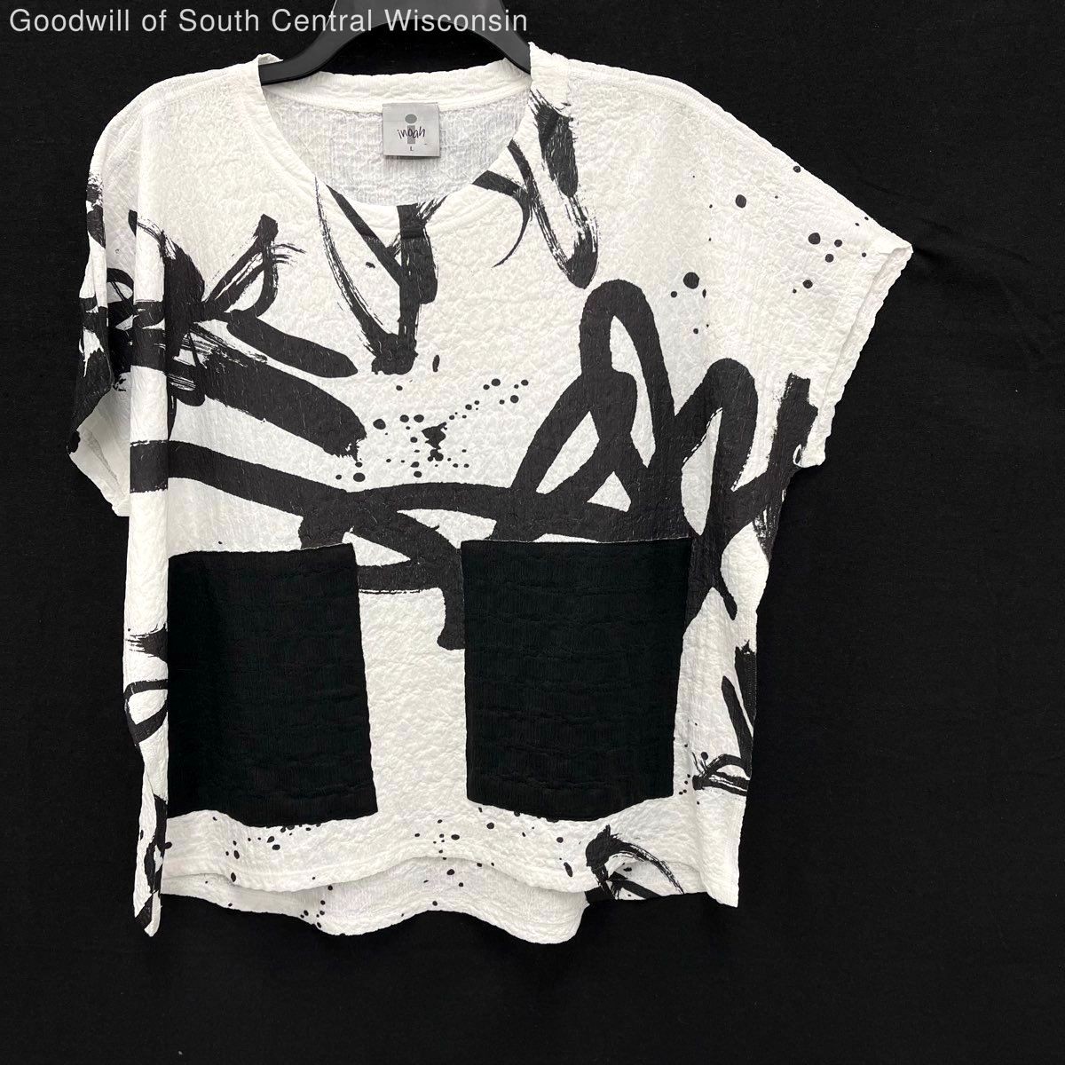 Women\'s INOAH Monochrome Boho Art To Wear Boxy Tee-Shirt Blouse w/ Pockets Sz L Women\'s INOAH Monochrome Boho Art To Wear Boxy Tee-Shirt Blouse w/ Pockets Sz L