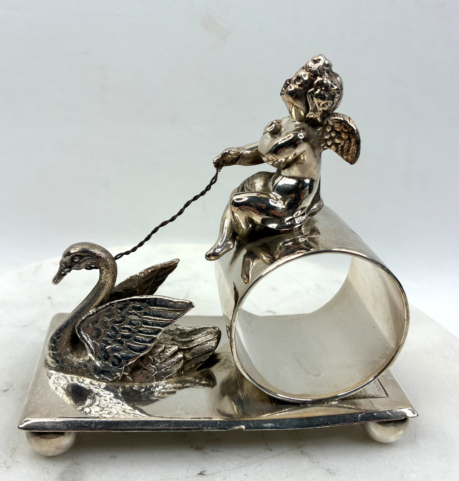 Antique Aurora #43 Figural Napkin Ring Cherub Swan Triple Plate Victorian 1875