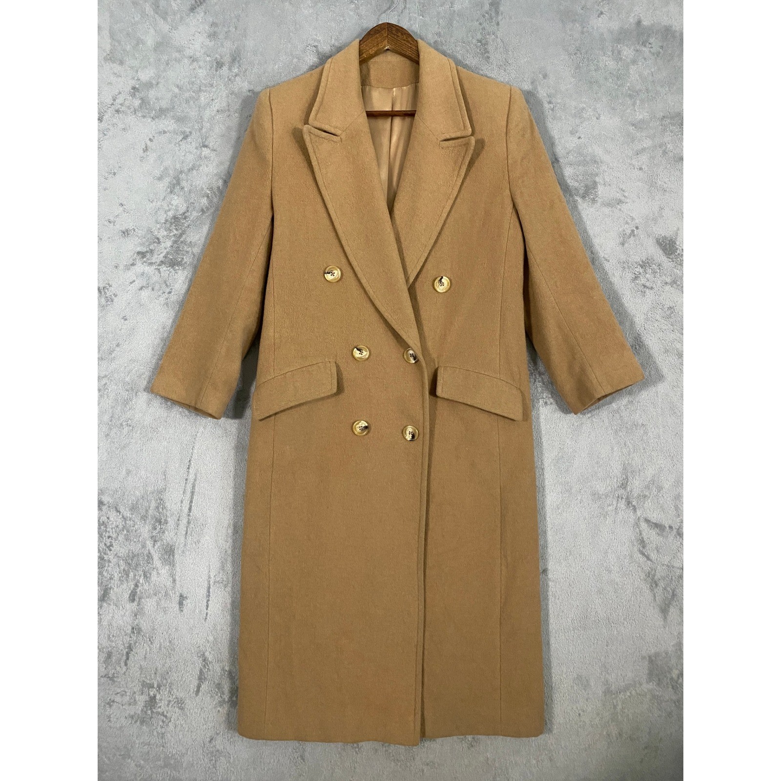 Fleurette Womens Sz 6 Tan 100% Camel Hair Vintage Double Breasted Long Overcoat