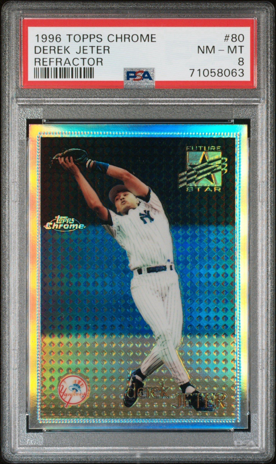 1996 Topps Chrome Refractor Derek Jeter PSA 8 Card #80 ZERO Print Lines 1996 Topps Chrome Refractor Derek Jeter PSA 8 Card #80 ZERO Print Lines
