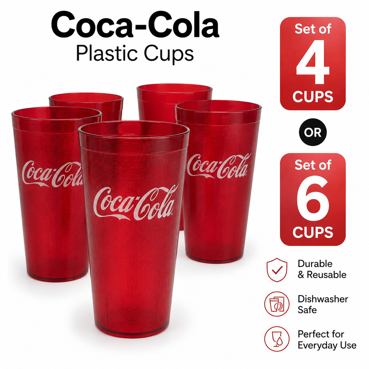 Red Tumbler Coca Cola Cups 16 or 24 Oz Restaurant Style Set 4 or 6 Red Reusable