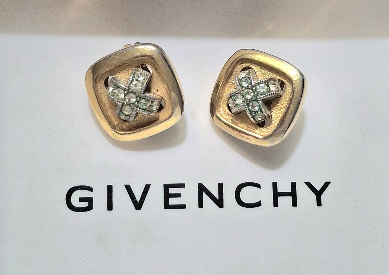 Vintage Clip Earrings SIGNED GIVENCHY 1978 Paris NY Rhinestone Button Cross Vintage Clip Earrings SIGNED GIVENCHY 1978 Paris NY Rhinestone Button Cross