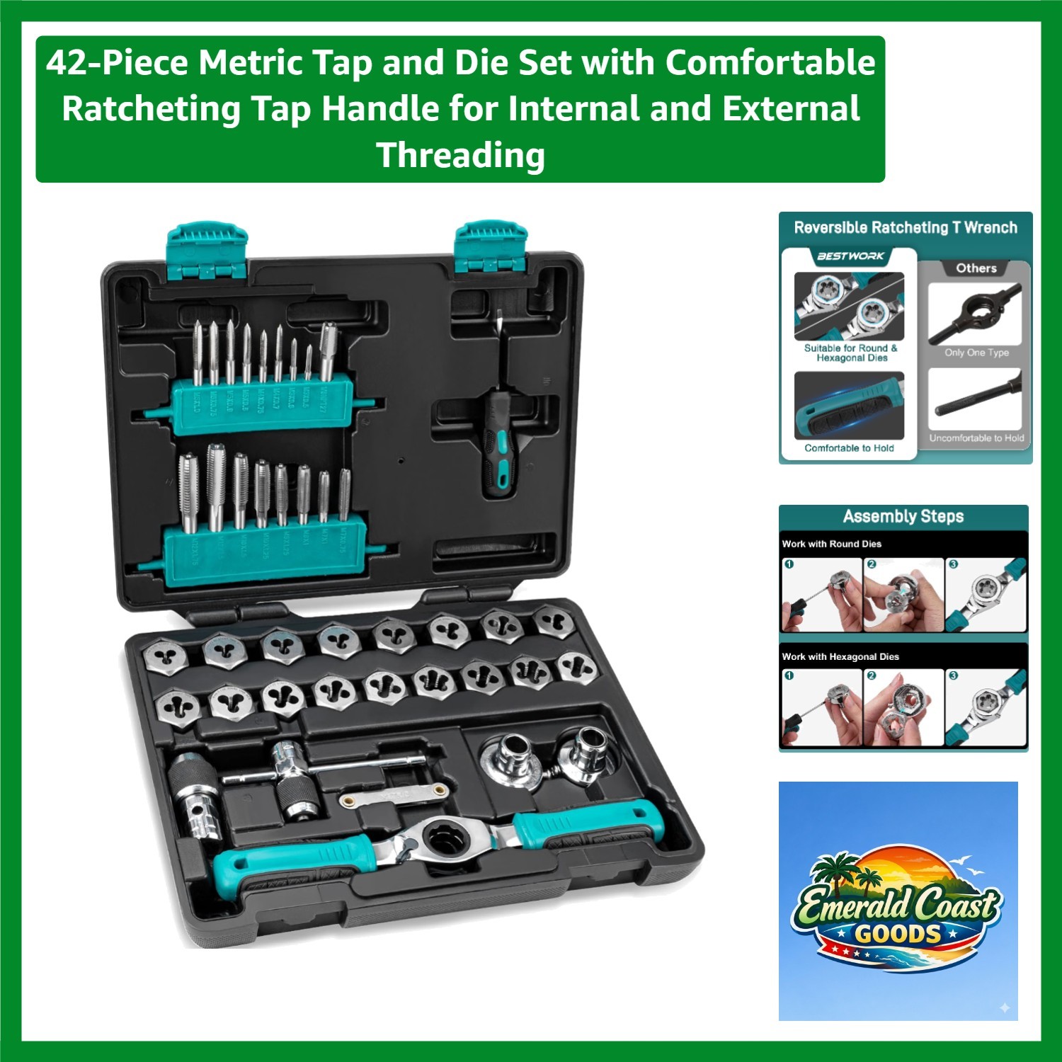 42-Piece Metric Tap and Die Set with Comfortable Ratcheting Tap Handle for In... 42-Piece Metric Tap and Die Set with Comfortable Ratcheting Tap Handle for In...