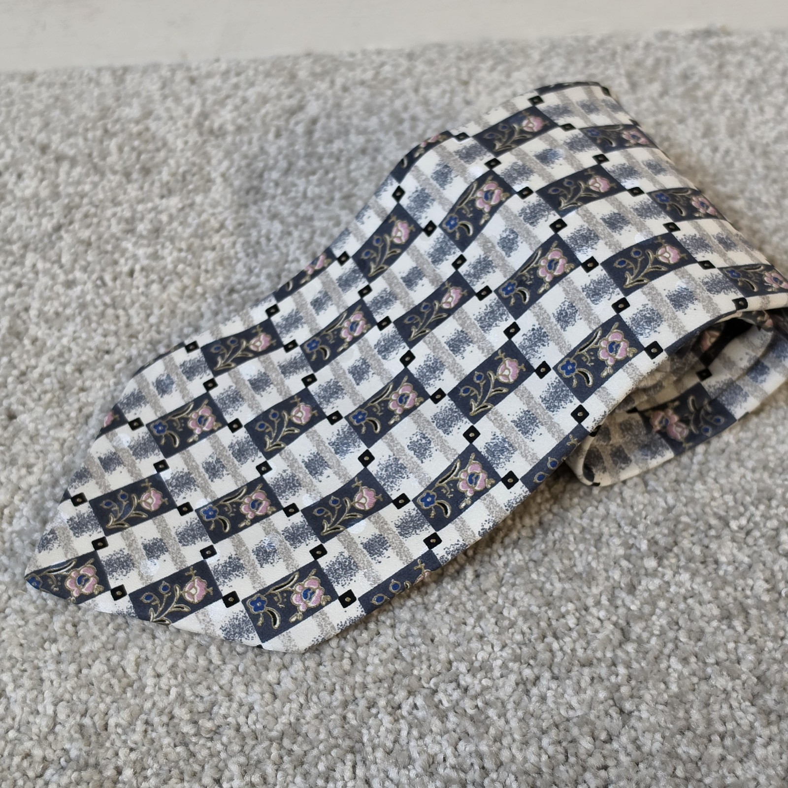 Brioni Roma Silk Tie Gray Blue Floral Check Geometric Italy Luxury Neck Tie 4\