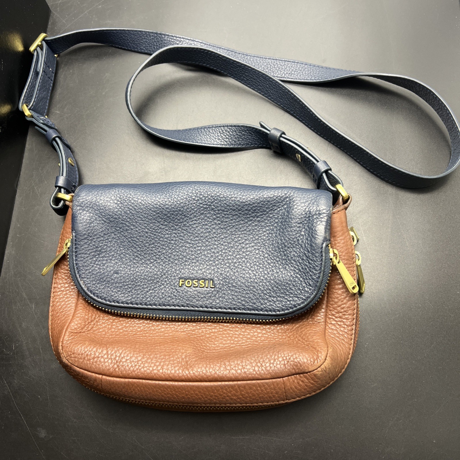 Fossil Preston Small Flap Crossbody Bag In Navy Blue And Brown Fossil Preston Small Flap Crossbody Bag In Navy Blue And Brown