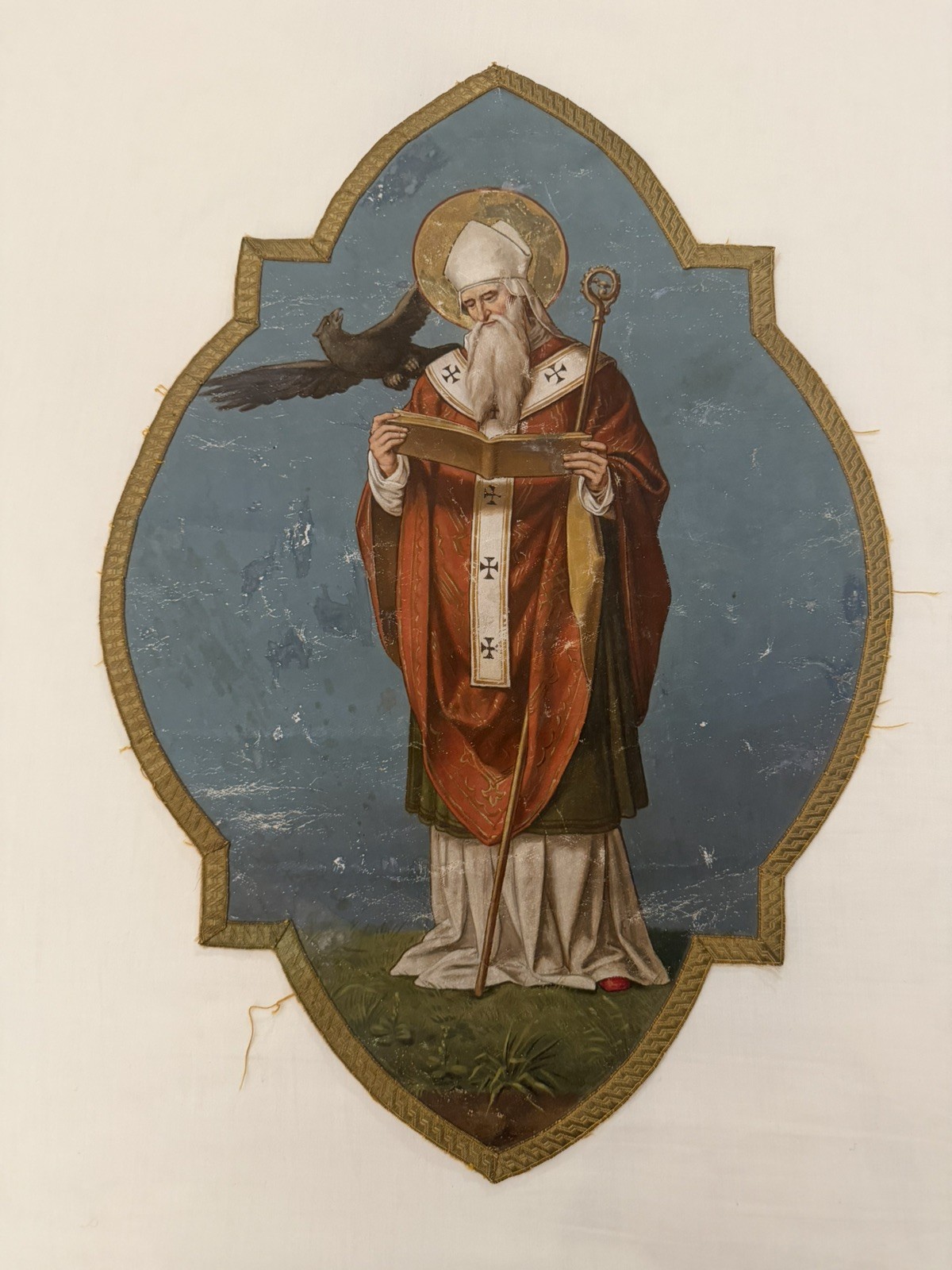 Antique 19thC. Traditional Religious Painting on Linen Fabric of Saint Nicholas