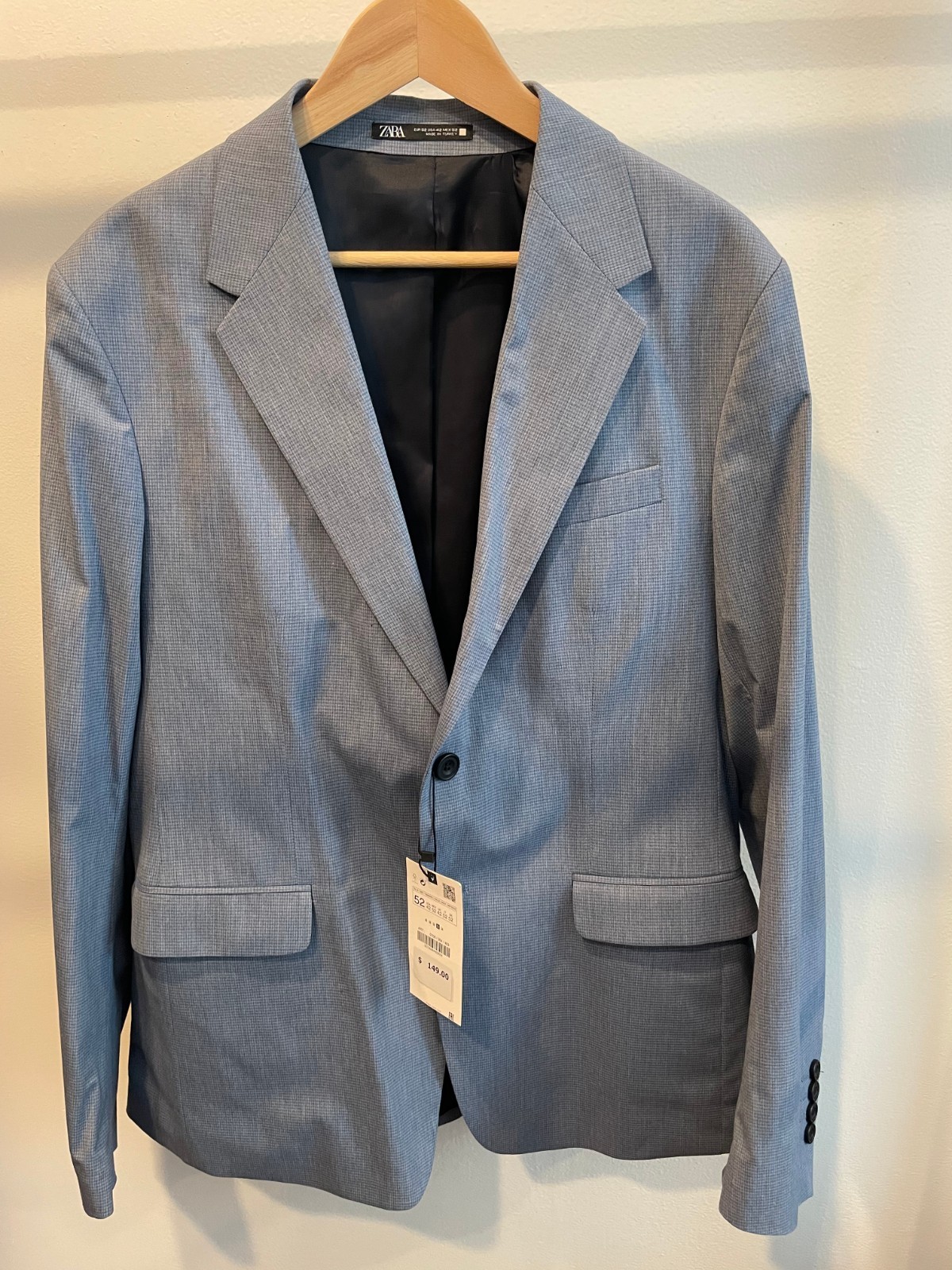 Zara Light Blue Checked Two Piece Suit Jacket 42 Trousers 32 Zara Light Blue Checked Two Piece Suit Jacket 42 Trousers 32