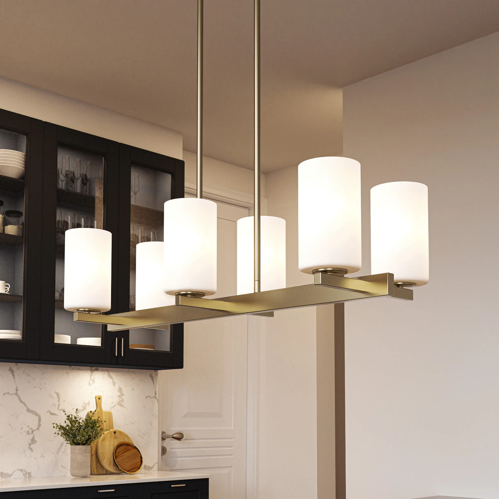 Quoizel Vista 6 Light Chandelier, Brushed Gold with White Shades, New in Box Quoizel Vista 6 Light Chandelier, Brushed Gold with White Shades, New in Box