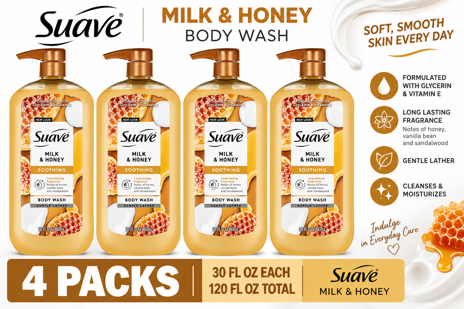 4 Packs Suave Milk & Honey Moisturizing Body Wash Glycerin Vitamin E 30 fl oz 4 Packs Suave Milk & Honey Moisturizing Body Wash Glycerin Vitamin E 30 fl oz