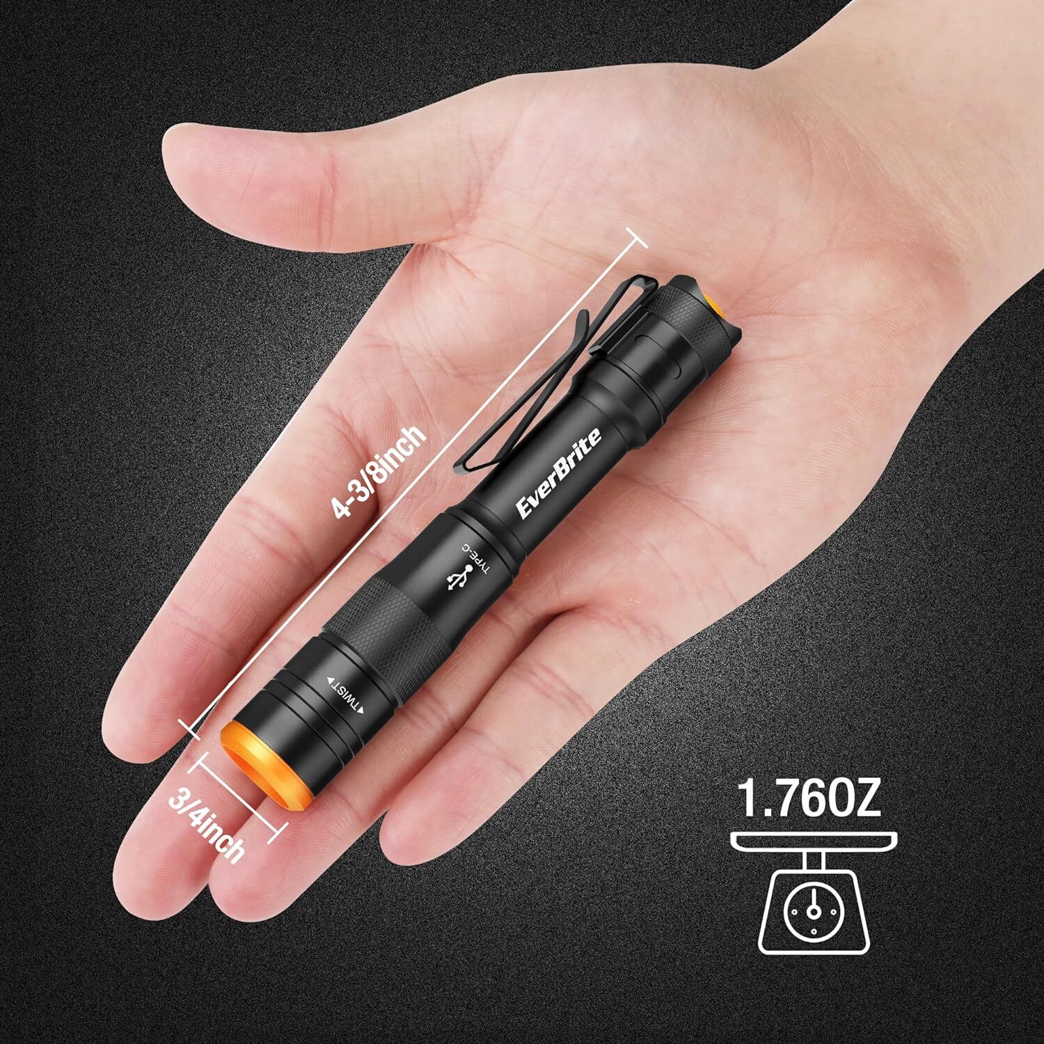 EverBrite Mini Pen Light, Rechargeable Pocket Pen Flashlight w/USB C Cable-Black