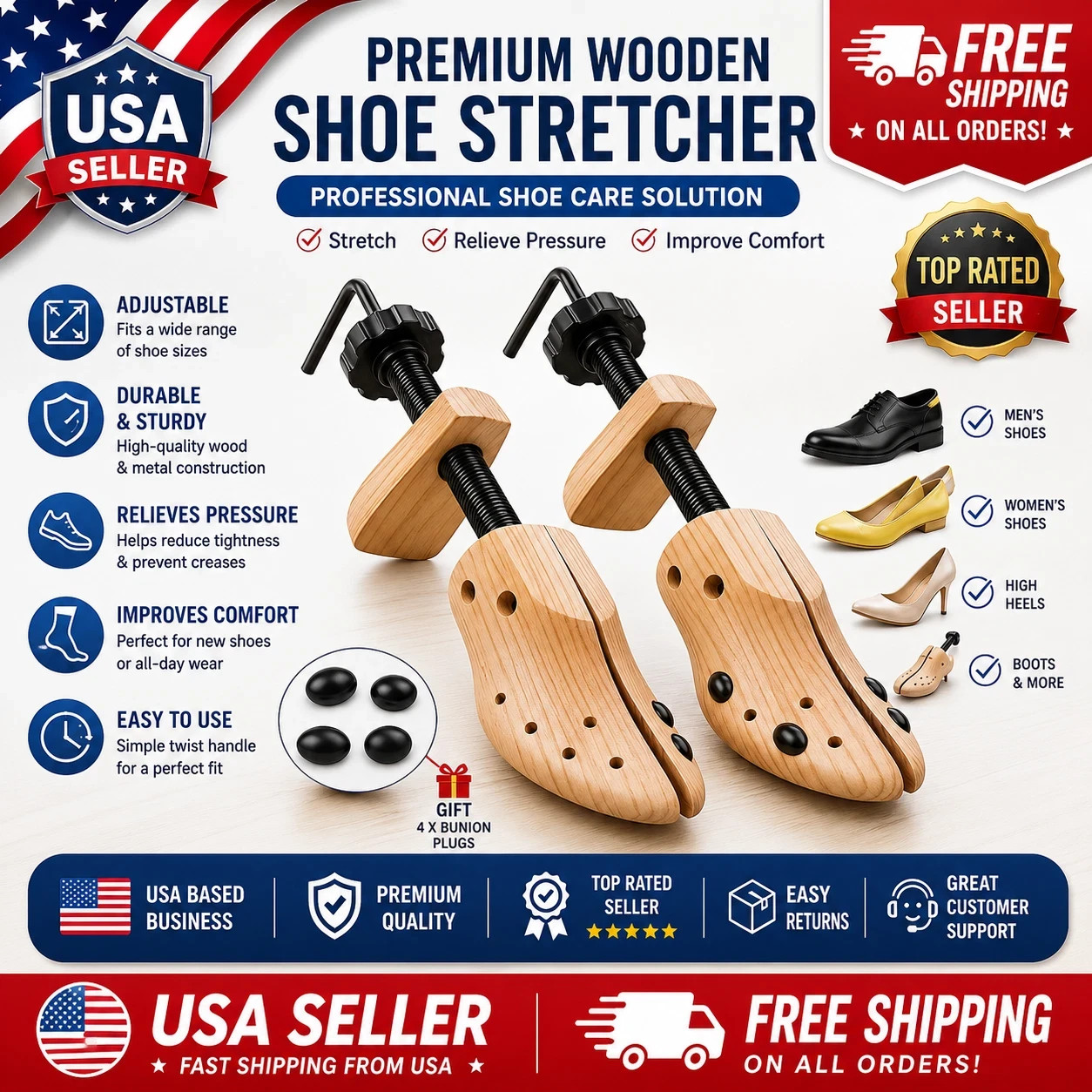 2-Way Wooden Adjustable Shoe Stretcher Expander Men Women Boot Size US 5-13