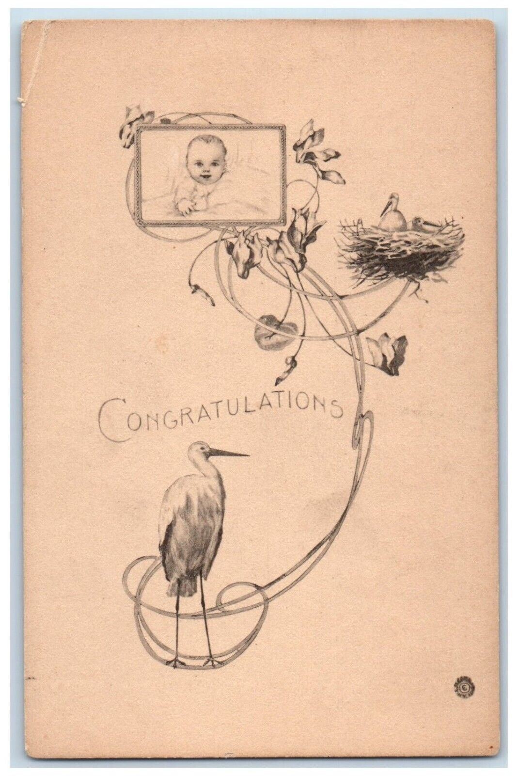 c1910's Congratulations Stork Nest Baby Art Noveau Unposted Antique Postcard c1910's Congratulations Stork Nest Baby Art Noveau Unposted Antique Postcard