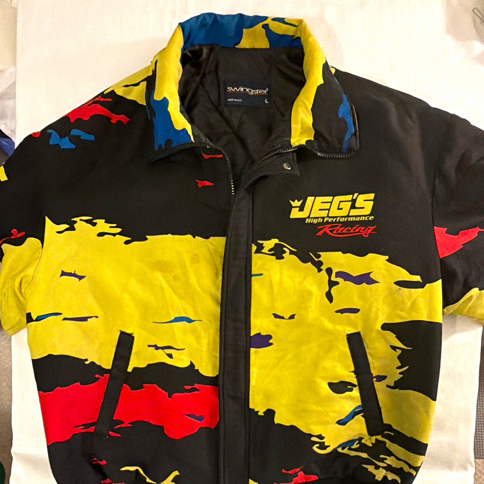 Vintage 90s Swingster JEGS Racing Logo Men\'s L Black Yellow Red Bomber Zip Nylon Vintage 90s Swingster JEGS Racing Logo Men\'s L Black Yellow Red Bomber Zip Nylon