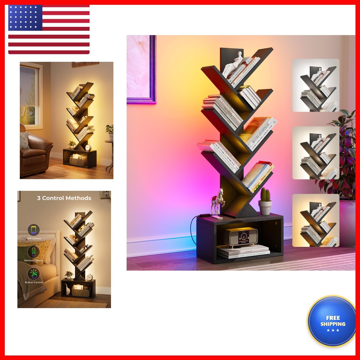 Evermagin 6 Tier Tree Bookshelf with LED Light - Black