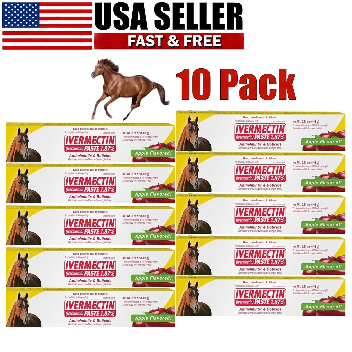 10 Pack Apple Flavor Horse Dewormer Paste Boxed Wormer Exp 01/2028