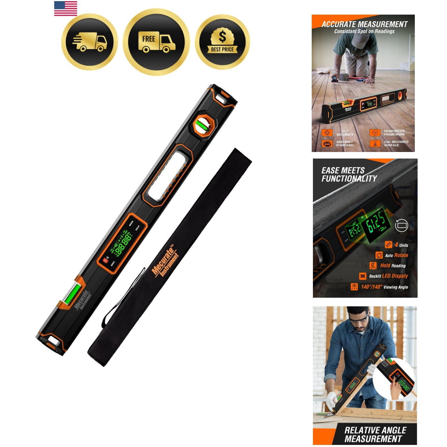 Mecurate 24-Inch Digital Level, Professional Smart Precision Torpedo Level Tool, Mecurate 24-Inch Digital Level, Professional Smart Precision Torpedo Level Tool,