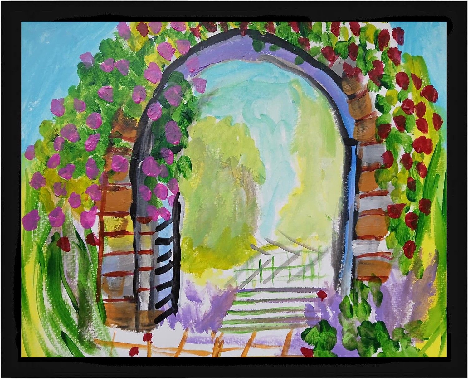 Impressionistic 11x14 Rose Garden Gate Acrylic Original Signed Art Painting