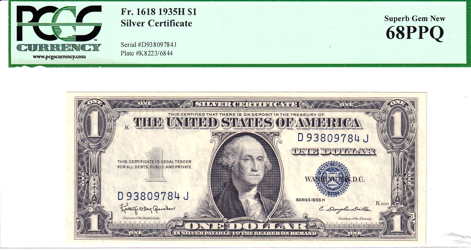 1935-H $1 Silver Certificate PCGS Superb Gem New 68PPQ #D93809784J 1935-H $1 Silver Certificate PCGS Superb Gem New 68PPQ #D93809784J