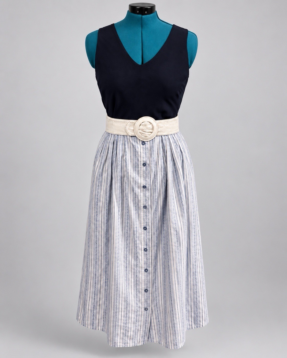 Vintage Koret City Blues Blue White Striped Midi Skirt Made USA Button Front